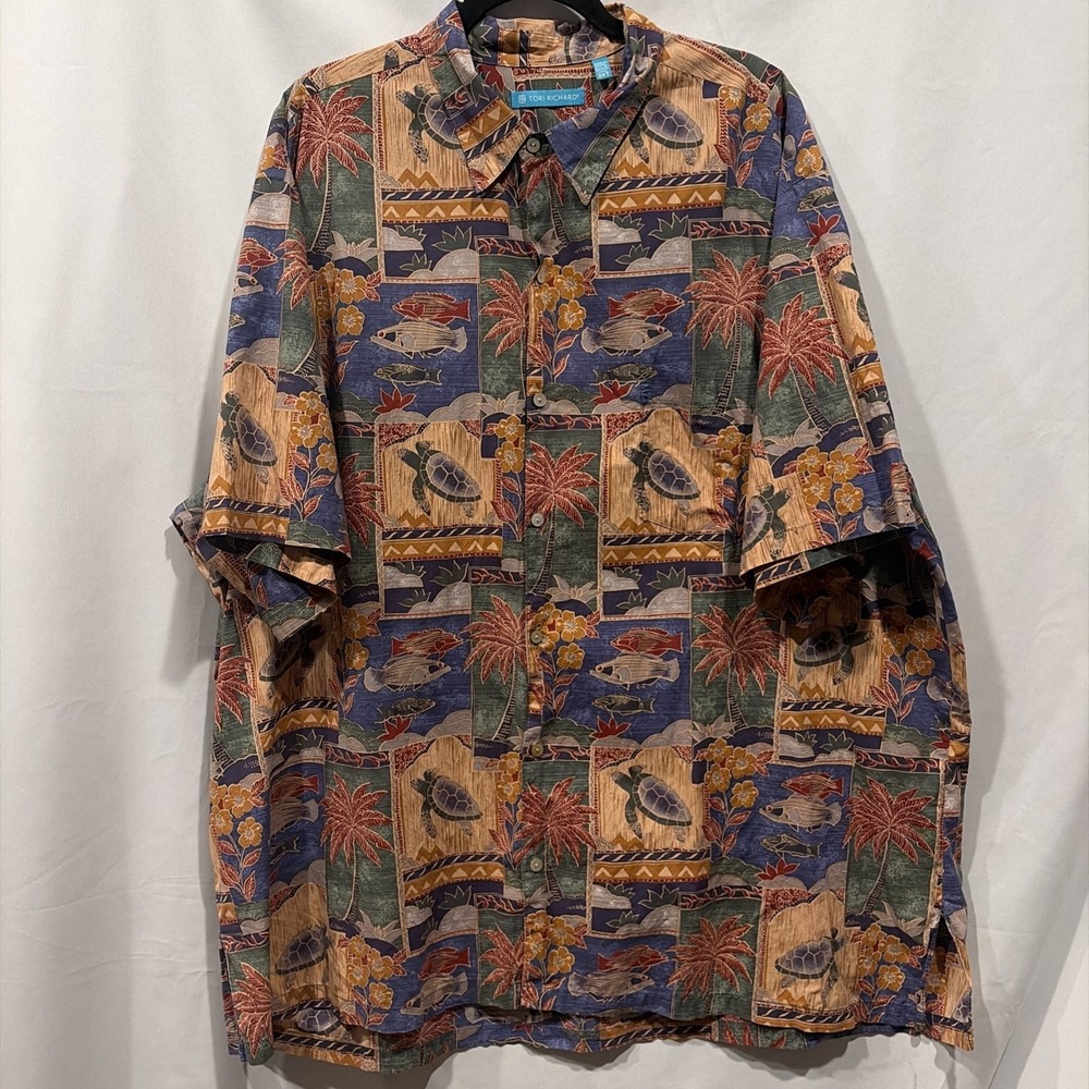 Vintage Tori Richard Men's Aloha Hawaiian Shirt Turtles Palm Trees Fish Size 3XT
